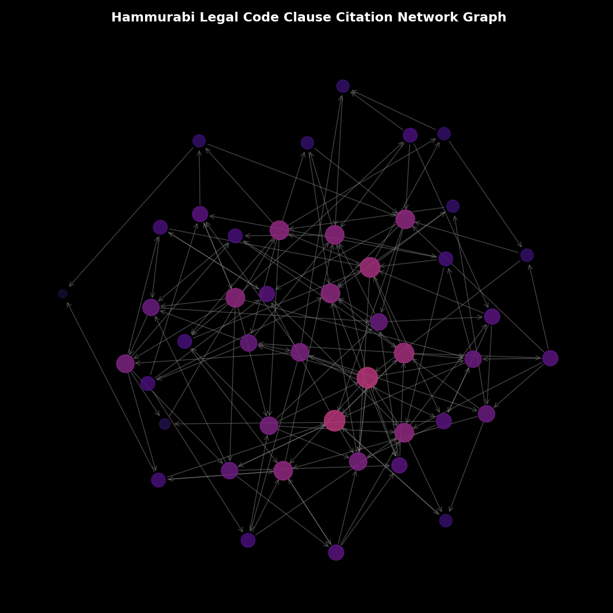 Builds and displays a directed network graph of legal clause citations in the Code of Hammurabi, displaying node centrality metrics.